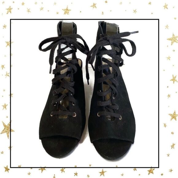 Forever 21 Black Suede Lace Up Peep Toe Wedges 8 - Picture 4 of 7